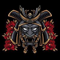 JAPANESE SAMURAI ONI MASK SKULL RONIN WITH FLOWER LOGO ILLUSTRATION vector