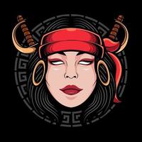 cabeza de mujer pirata con ilustración de logotipo de espada vector