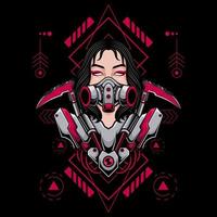 JAPANESE FUTURISTIC CYBER GIRL WEARING GAS MASK LOGO ILLUSTRATION vector