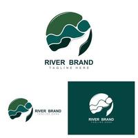 diseño del logo del río, vector de la cala del río, ilustración de la orilla del río con una combinación de montañas y naturaleza, marca de producto