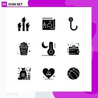 Universal Icon Symbols Group of 9 Modern Solid Glyphs of moon snacks love book popcorn hook Editable Vector Design Elements