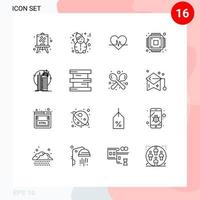 Universal Icon Symbols Group of 16 Modern Outlines of corporation technology heartbeat smart city microchip Editable Vector Design Elements