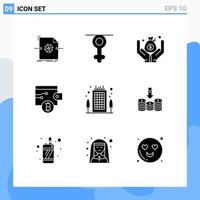 Set of 9 Commercial Solid Glyphs pack for destination business insurance building money Editable Vector Design Elements