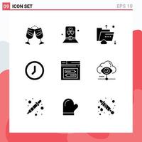 Pictogram Set of 9 Simple Solid Glyphs of time clock hat storage internet Editable Vector Design Elements