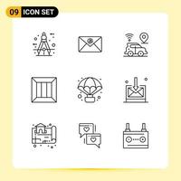 Pack of 9 Modern Outlines Signs and Symbols for Web Print Media such as adventure logistic car delivery box Editable Vector Design Elements