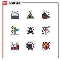 Mobile Interface Filledline Flat Color Set of 9 Pictograms of tower direction travel arrow food Editable Vector Design Elements