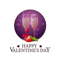 feliz día de san valentín, postal cuadrada blanca con copas de champán y fresa vector