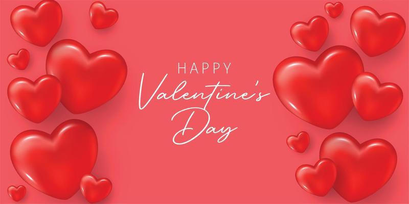 Happy Valentine's Day banner with 3d red hearts. Advertising template. Red background. Text message. Abstract card. Gift card, invitation, banner, poster, voucher design