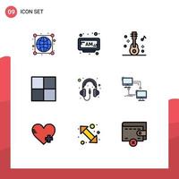 Filledline Flat Color Pack of 9 Universal Symbols of headphone computer audio audio grid Editable Vector Design Elements