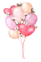 Watercolor bouquet of balloons and cotton flowers. Heart shaped red ballon with helium. A good option is a greeting card png