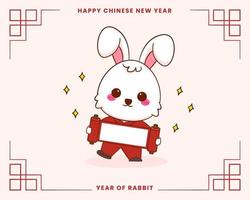 Happy Chinese new year greeting card 2023 with cute rabbit wearing traditional costume. Rabbit holding blank paper. Year of rabbit. vector