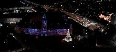 Aerial Christmas night of the Warsaw old town. photo