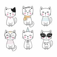 conjunto de pegatinas de garabatos. gatito gracioso. lindo gato en estilo de dibujos animados. vector