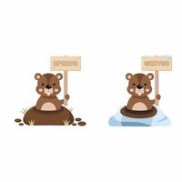 Set of illustrations. Groundhog holds sign with inscription. Weather prediction. Winter and Spring. Happy groundhog Day. vector