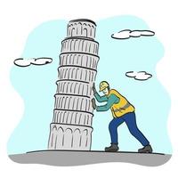 trabajador de la construcción con casco tratando de empujar la torre inclinada de pisa ilustración vectorial dibujada a mano aislada en el arte de línea de fondo blanco. vector