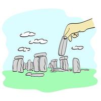 mano sosteniendo piedra larga en stonehenge ilustración vector dibujado a mano aislado en el arte de línea de fondo blanco.