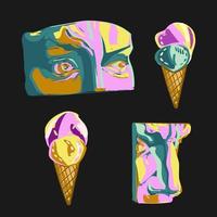 Rave psychedelic acid sculpture set statue of David and parts of the face. Parts of the sculpture in bright juicy color. Various antique statues. Mythical, ancient Greek style, Set Vector illustration