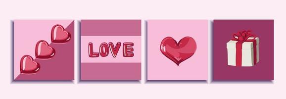 Valentine s day concept posters set. Vector illustration. Flat red and pink paper hearts with frame on geometric background. Cute love sale banners or greeting cards.