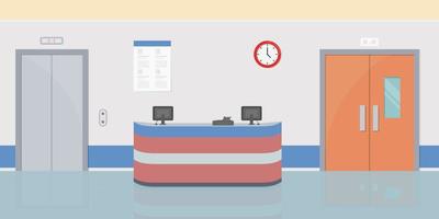 Hospital reception hall with desk and elevator vector illustration