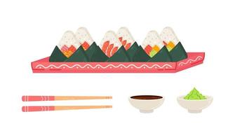 Onigiri set on plate with chopsticks, soy sauce and wasabi. vector