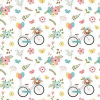 Floral spring romantic pattern with flower bouquets, bikes, and leaves pattern. Isolated on white background. Cute spring design. vector