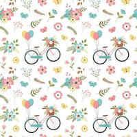 Floral spring romantic pattern with flower bouquets, bikes, and leaves pattern. Isolated on white background. Cute spring design. vector