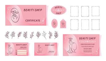 Visual brand identity, corporate style. Beauty parlor, fashion boutique design template set with ornate elements. Pink templates of certificate, leaflet, sticker, tag, business card vector