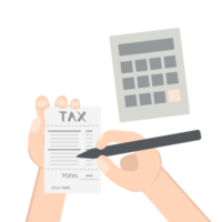 hand sign tax paper using pen in front calc png