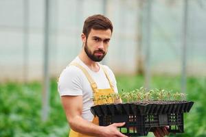 With black stand for plants in hands. Young greenhouse worker in yellow uniform have job inside of hothouse photo