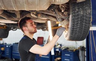 Uses lighting equipment. Man in work uniform repairs white automobile indoors. Conception of automobile service photo