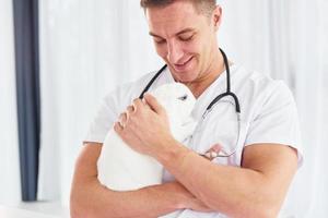 Young veterinatian is indoors with little rabbit. Conception of healthcare photo