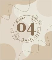 04 year anniversary, minimalist logo. brown vector illustration on Minimalist foliage template design, leaves line art ink drawing with abstract vintage background.