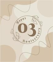 03 year anniversary, minimalist logo. brown vector illustration on Minimalist foliage template design, leaves line art ink drawing with abstract vintage background.