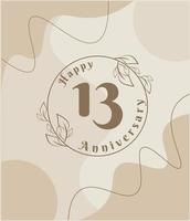 13 year anniversary, minimalist logo. brown vector illustration on Minimalist foliage template design, leaves line art ink drawing with abstract vintage background.