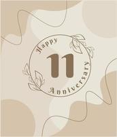 11 años de aniversario, logotipo minimalista. ilustración de vector marrón en diseño de plantilla de follaje minimalista, dibujo de tinta de arte de línea de hojas con fondo vintage abstracto.