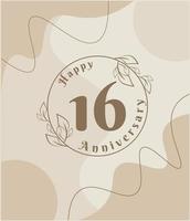 16 year anniversary, minimalist logo. brown vector illustration on Minimalist foliage template design, leaves line art ink drawing with abstract vintage background.