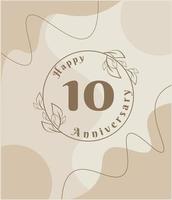 10 años de aniversario, logotipo minimalista. ilustración de vector marrón en diseño de plantilla de follaje minimalista, dibujo de tinta de arte de línea de hojas con fondo vintage abstracto.