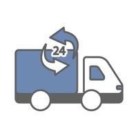 Delivery truck icon illustration with arrow and 24 hour. suitable for fast shipping icon. icon related to logistic, delivery. Two tone icon style. Simple vector design editable