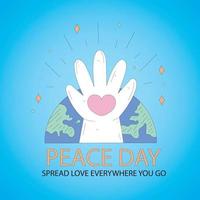 International Peace Day concept. Hands middle love icon globe over sky background. Paper art and craft style vector