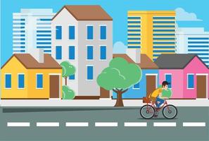 flat illustration of a young man riding a cycle on the streets with urban scenery can use for web landing, vector illustration