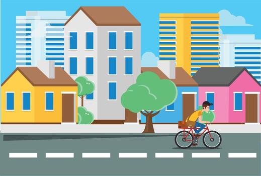 la ilustración plana de un joven montando un ciclo en las calles con paisajes urbanos puede usarse para aterrizar en la web, ilustración vectorial vector