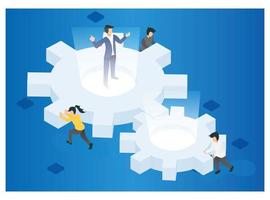 Flat 3d isometric business team pushing a big cogwheel. Teamwork concept. vector illustration