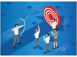 Isometric Businessman shooting a bow and arrow. Success. Arrow hit the center of the target. Business target achievement concept, vector Illustration