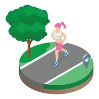 Isometric young people runners running on a city park. Sportive people training in an urban area, healthy lifestyle and sports concepts in isolated white background. Vector illustration