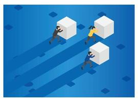 Isometric Business people pushing cubes. Winner easily moving the cube. Winning strategy, efficiency, innovation in business concept - Illustration Vector