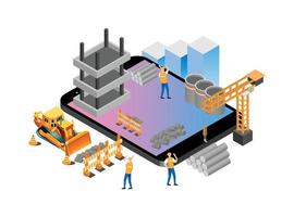 Modern Isometric Construction Site Development Progress Illustration, Suitable for Diagrams, Infographics, Book Illustration, Game Asset, And Other Graphic Related Assets vector