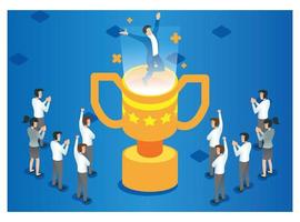 3d isometric celebrating success in achieving sales target. Vector Isometric Illustration Suitable for Diagrams, Infographics, And Other Graphic assets