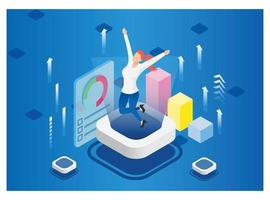 3d isometric celebrating success in achieving sales target. Vector Isometric Illustration Suitable for Diagrams, Infographics, And Other Graphic assets