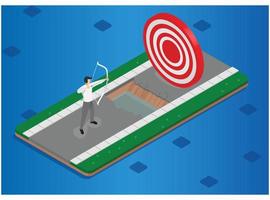 Isometric Businessman shooting a bow and arrow. Success. Arrow hit the center of the target. Business target achievement concept, vector Illustration