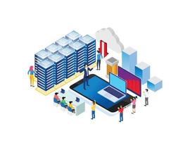 ilustración de tecnología de procesamiento de base de datos de nube inteligente isométrica moderna en fondo blanco aislado con personas y activos digitales relacionados vector